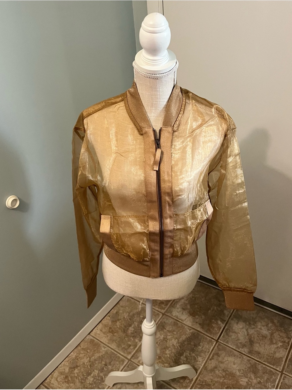 Metallic Gold Sheer Bomber Jacket - Women's Lightweight Coat